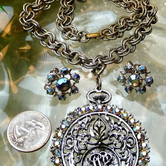 VTG JUDY LEE AB RHINESTONE POCKET WATCH DESIGN PENDANT NECKLACE EARRINGS LOT 20" - Picture 16 of 16